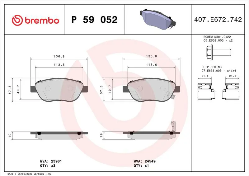 Handler.Part Brake pad set, disc brake BREMBO P59052 1