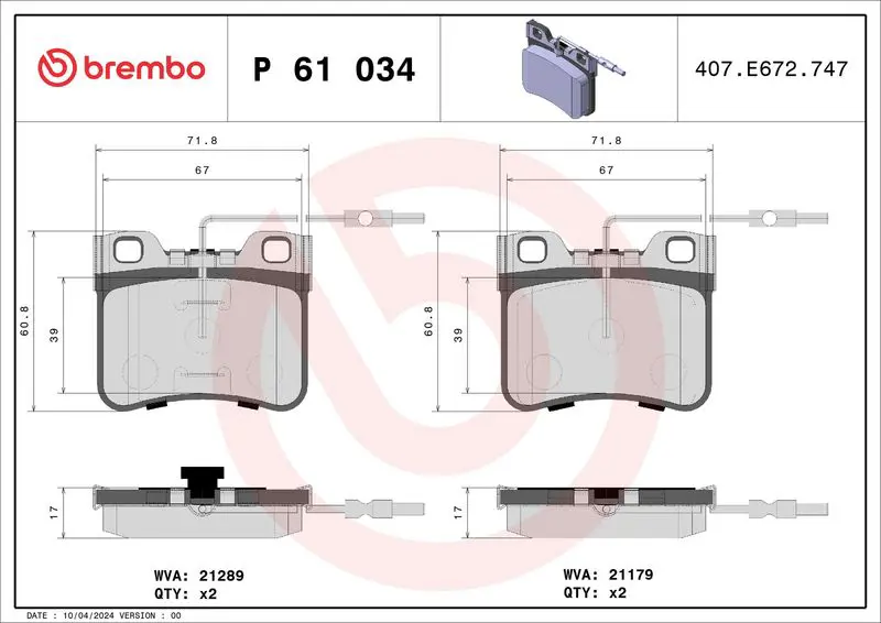 Handler.Part Brake pad set, disc brake BREMBO P61034 1