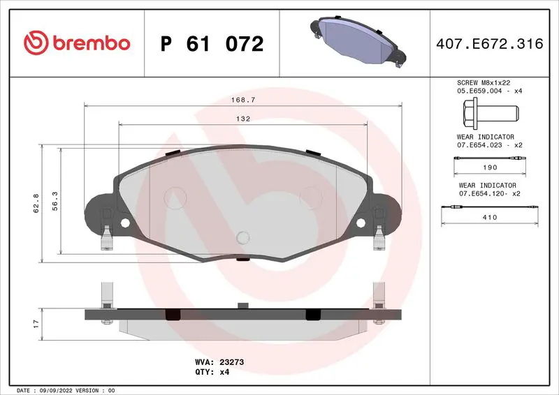 Handler.Part Brake pad set, disc brake BREMBO P61072 1