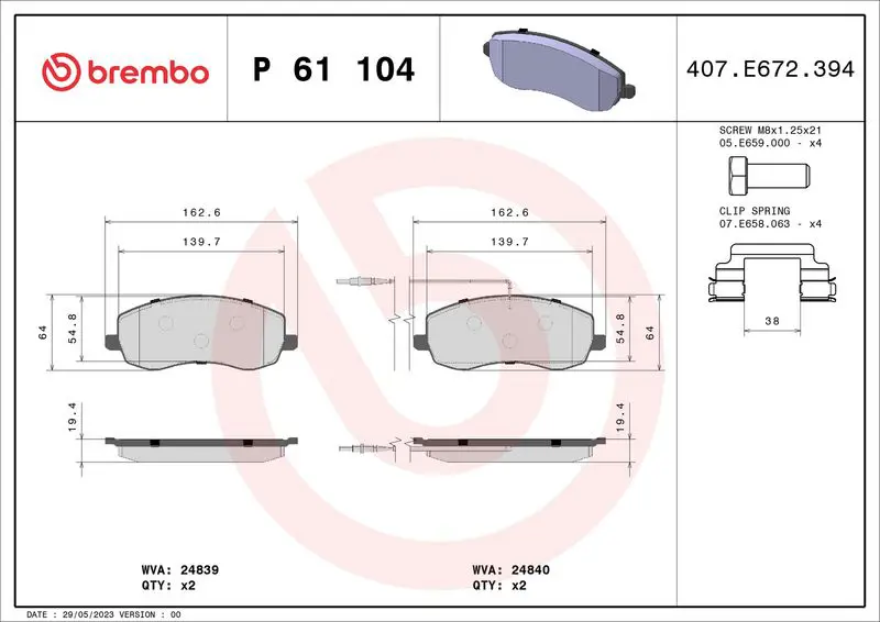 Handler.Part Brake pad set, disc brake BREMBO P61104 1