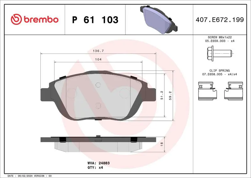 Handler.Part Brake pad set, disc brake BREMBO P61103 1