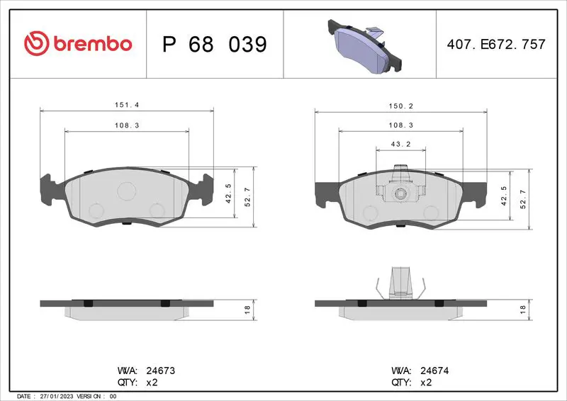 Handler.Part Brake pad set, disc brake BREMBO P68039 1