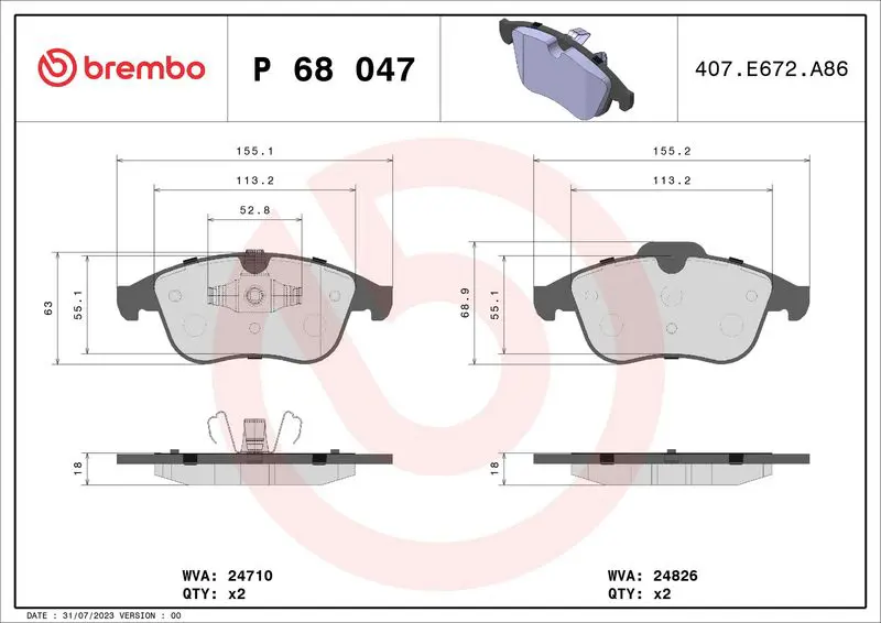 Handler.Part Brake pad set, disc brake BREMBO P68047 1