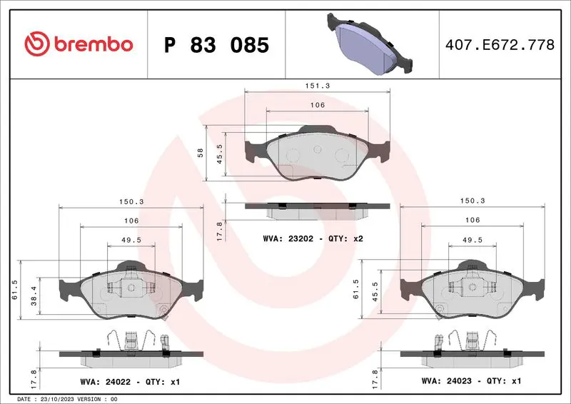 Handler.Part Brake pad set, disc brake BREMBO P83085 1