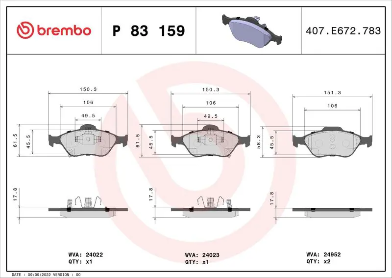 Handler.Part Brake pad set, disc brake BREMBO P83159 1