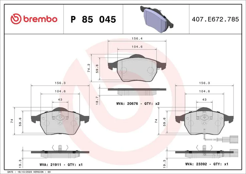 Handler.Part Brake pad set, disc brake BREMBO P85045 1