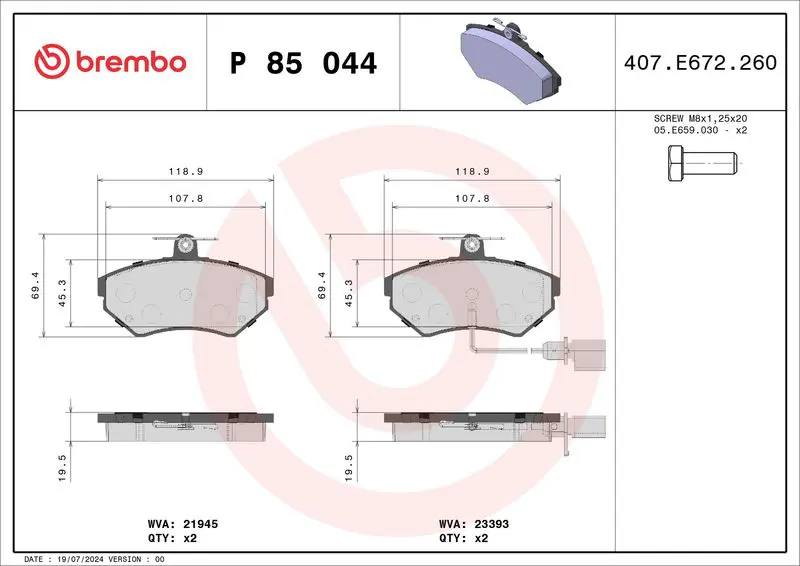 Handler.Part Brake pad set, disc brake BREMBO P85044 1