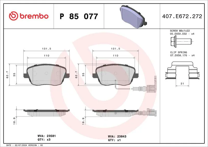 Handler.Part Brake pad set, disc brake BREMBO P85077 1