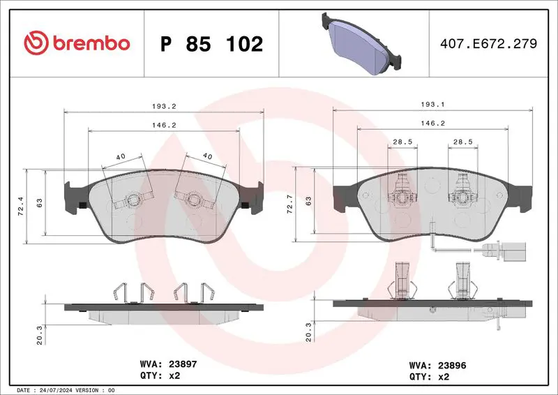 Handler.Part Brake pad set, disc brake BREMBO P85102 1