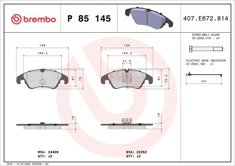 Handler.Part Brake pad set, disc brake BREMBO P85145 1