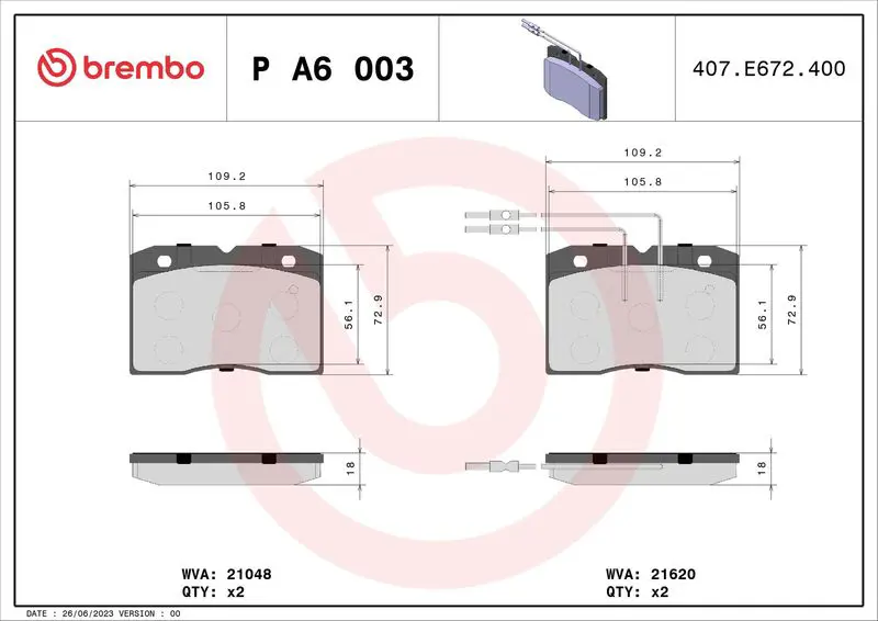 Handler.Part Brake pad set, disc brake BREMBO PA6018 1