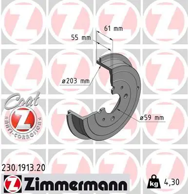 Handler.Part Brake drum ZIMMERMANN 230191320 1