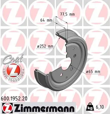 Handler.Part Brake drum ZIMMERMANN 600195220 1