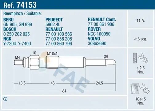 Handler.Part Glow plug FAE 74153 1