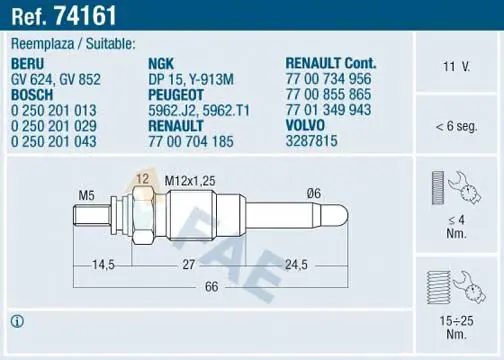 Handler.Part Glow plug FAE 74161 1