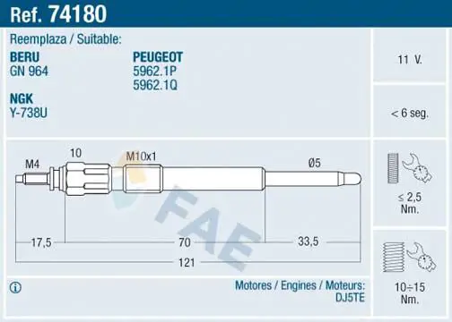 Handler.Part Glow plug FAE 74180 1