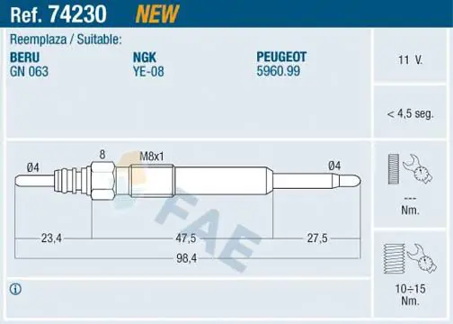 Handler.Part Glow plug FAE 74230 1