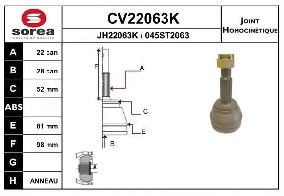 Handler.Part Joint kit, drive shaft EAI CV22063K 1