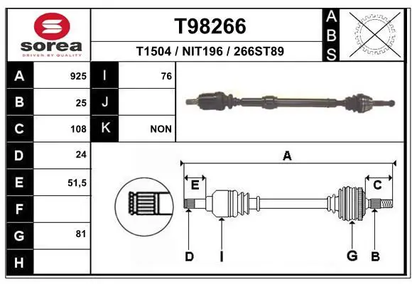 Handler.Part Drive shaft EAI T98266 1