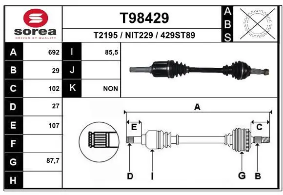 Handler.Part Drive shaft EAI T98429 1