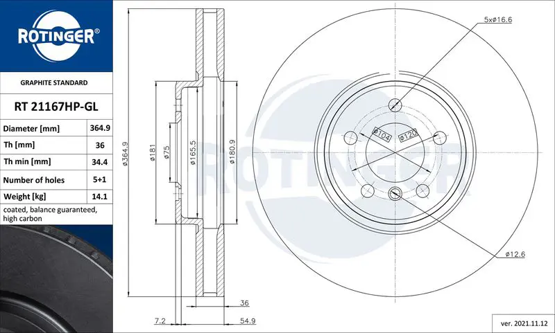 Handler.Part Brake disc ROTINGER RT21167HPGL 1